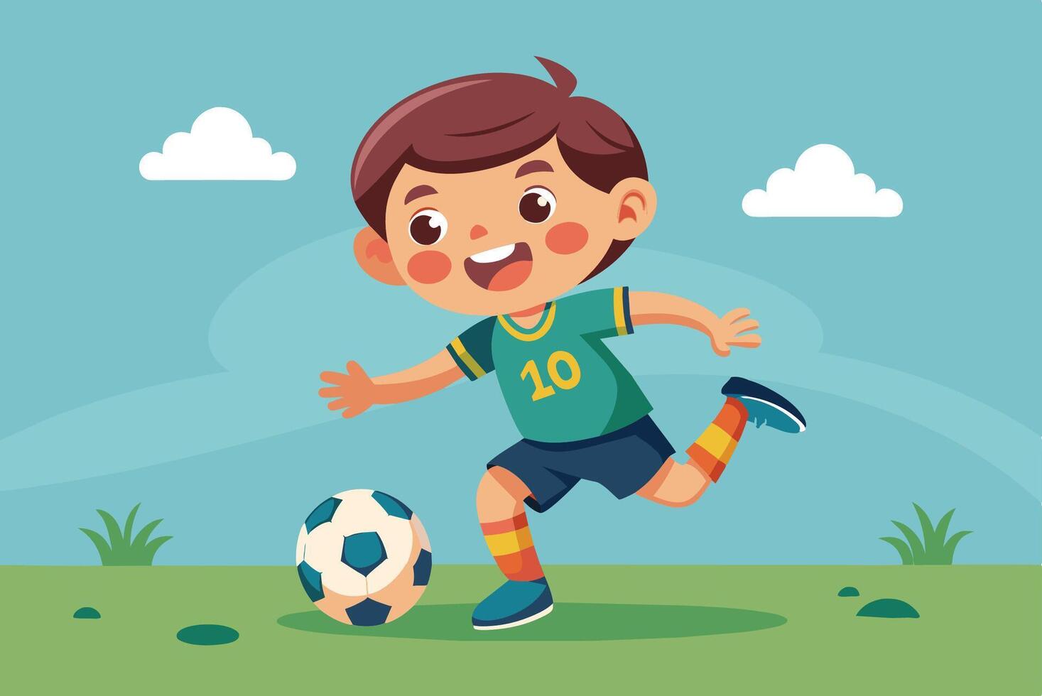 A cartoon boy playing soccer on the field vector