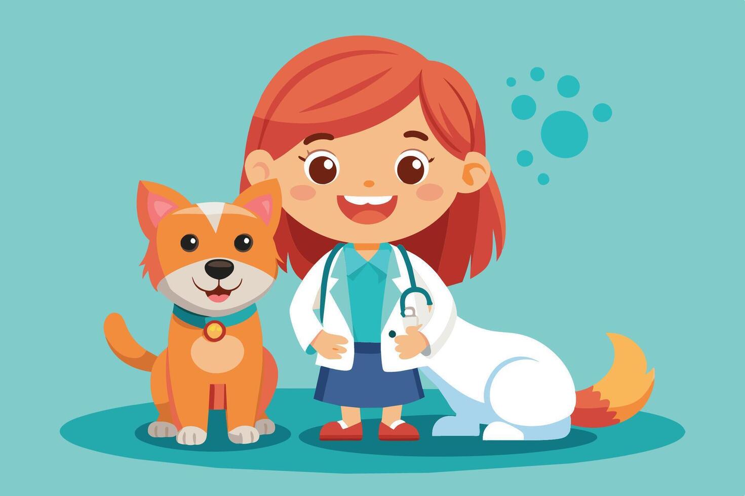A smiling veterinarian wearing a lab coat stands next to an affectionate dog vector
