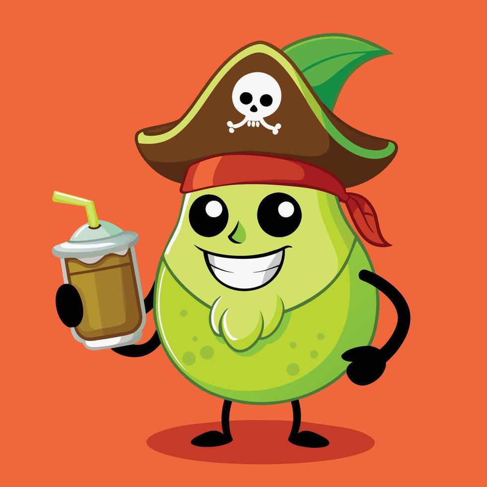 A cartoon pear in a pirate hat holding a drink vector