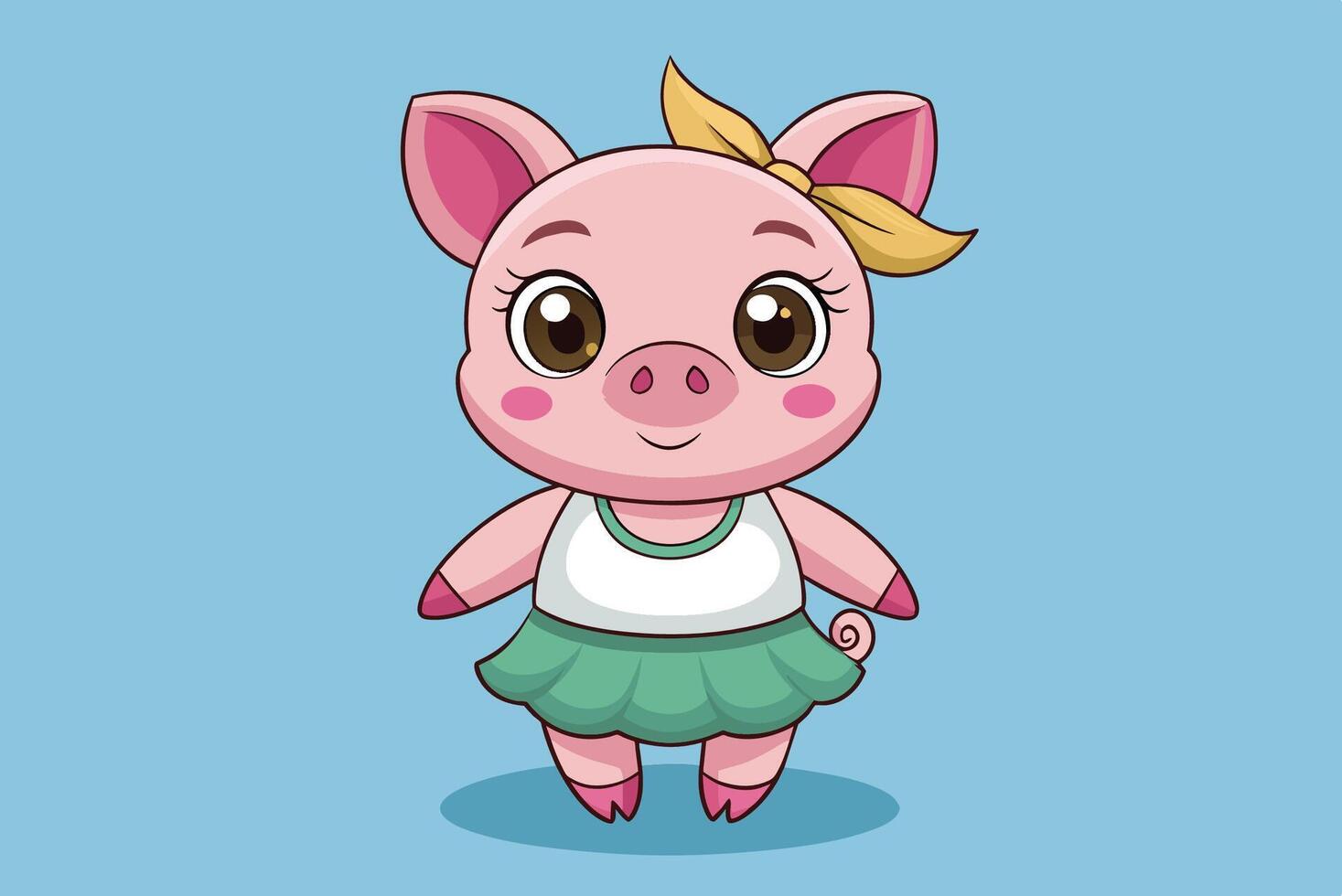 Cartoon pig in a skirt standing on a blue background vector