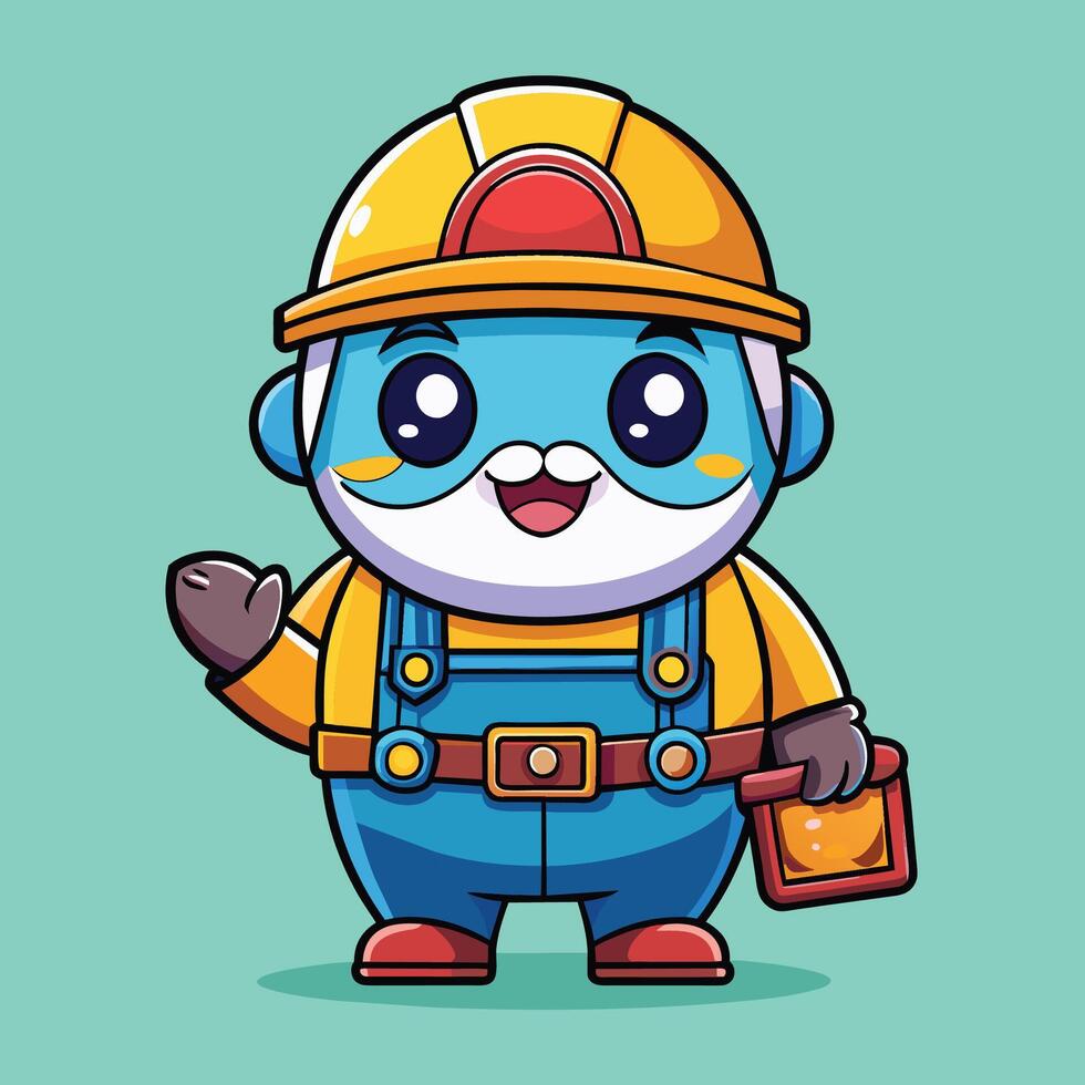 Cartoon blue and white construction worker with a toolbox vector