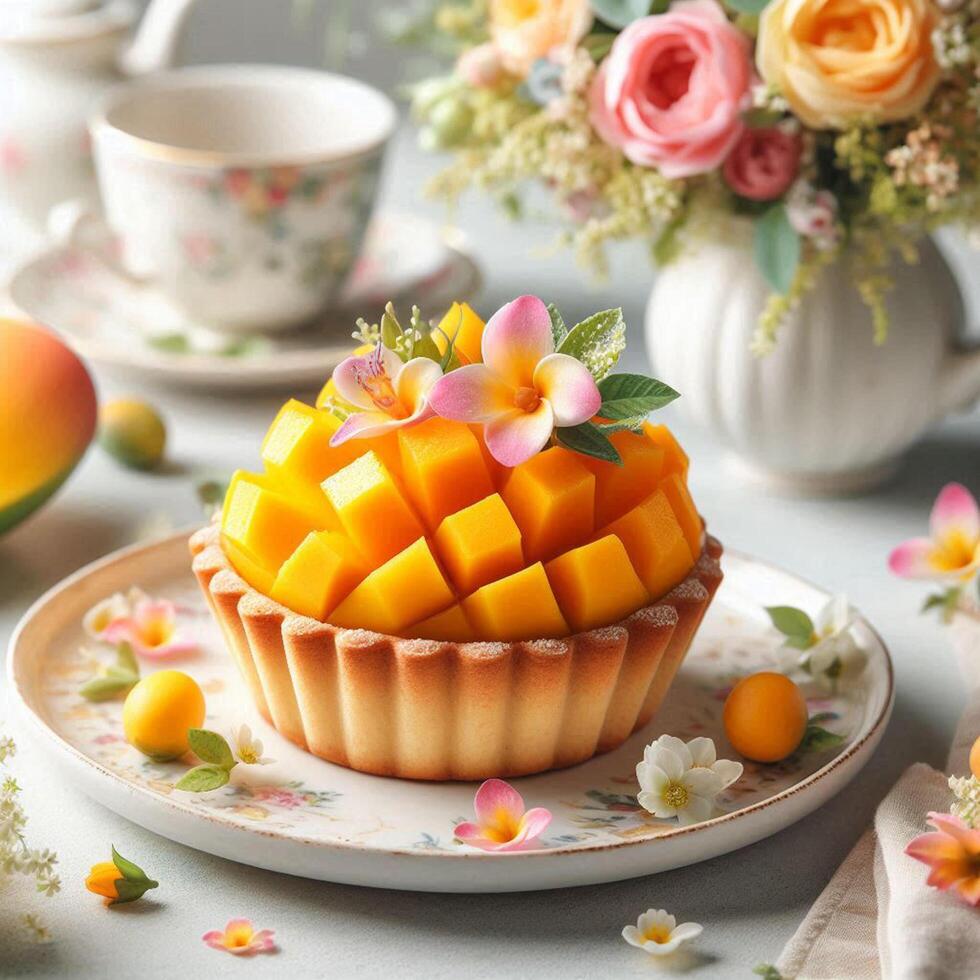 Mango tart mini is served on a white plate and adorned with beautiful flowers . photo