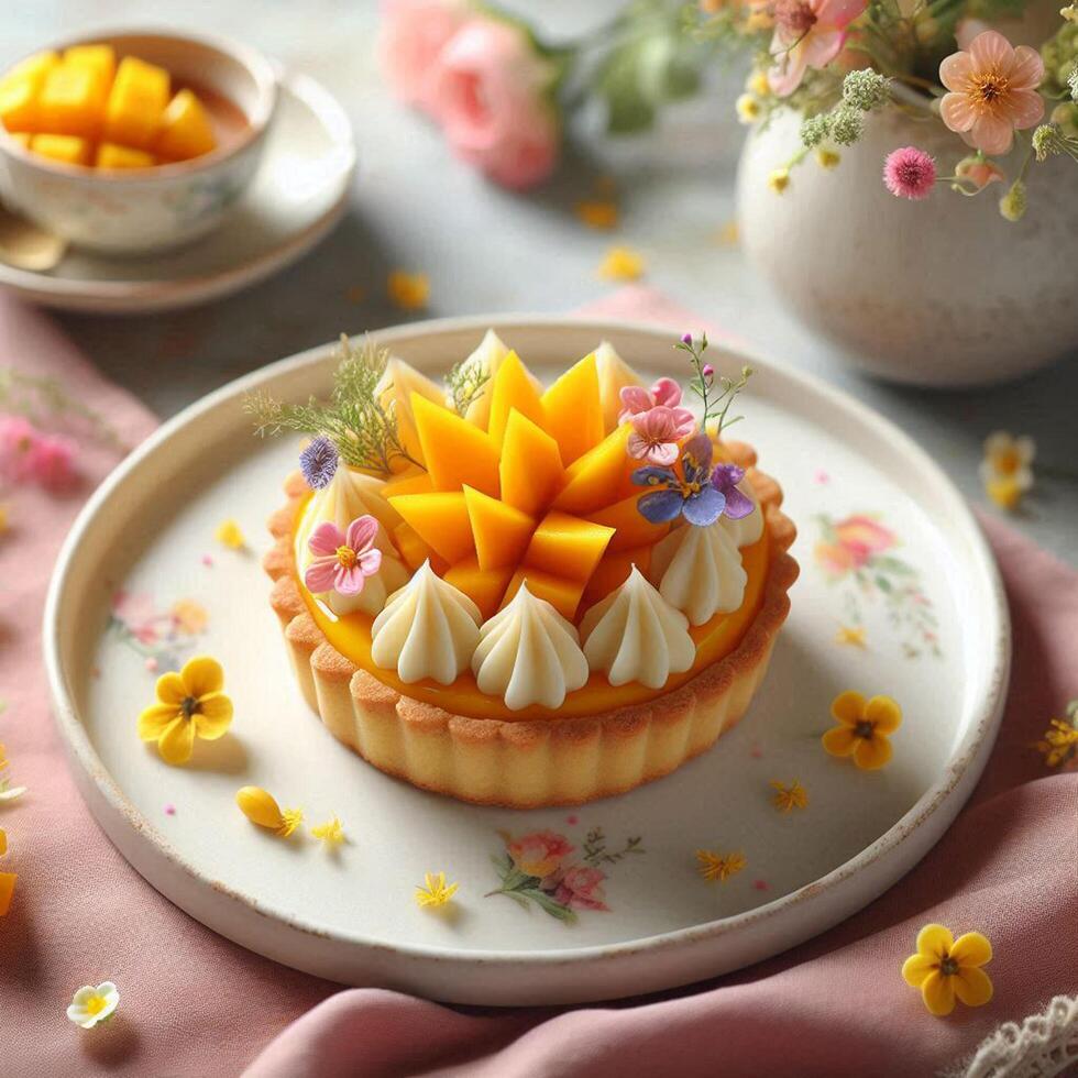 Mango tart mini is served on a white plate and adorned with beautiful flowers . photo
