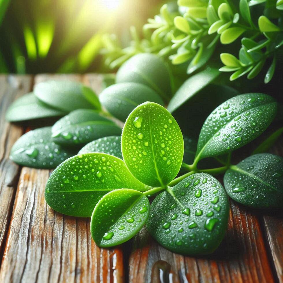 a close up of green leaves on a table photo