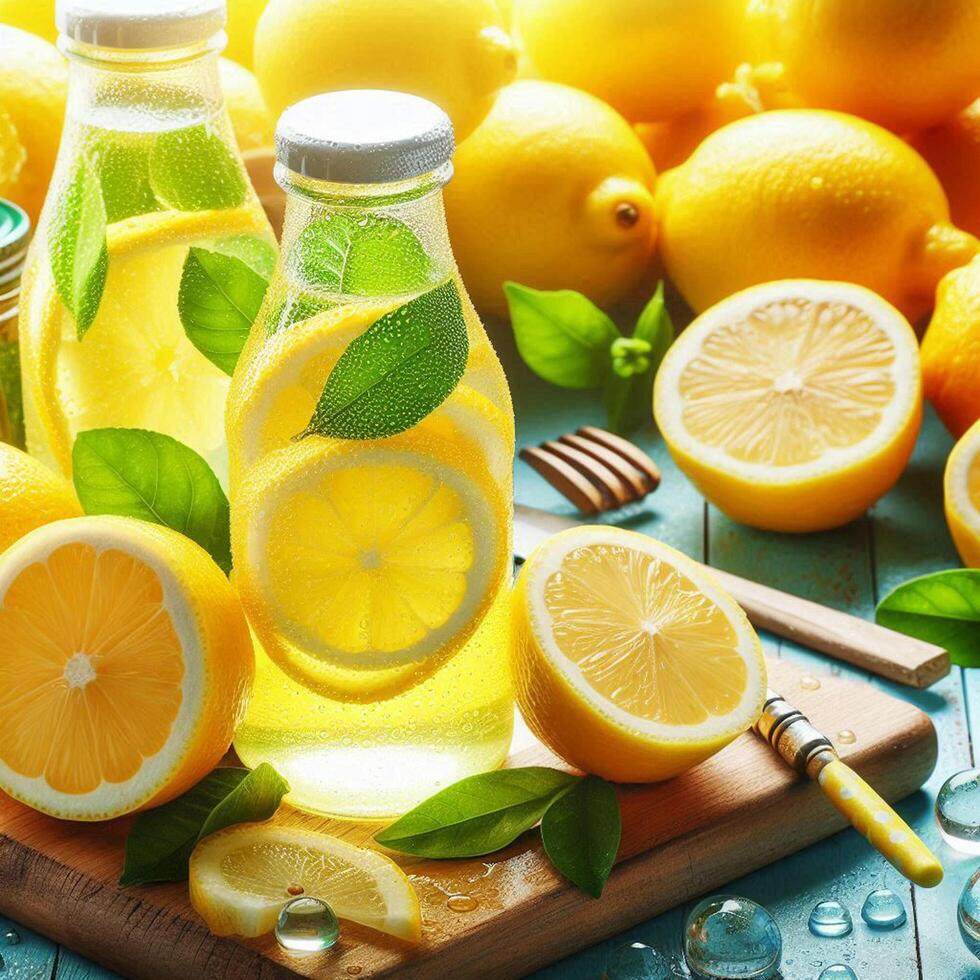 Freshness in a bottle yellow lemon, citrus fruit, refreshing drink photo
