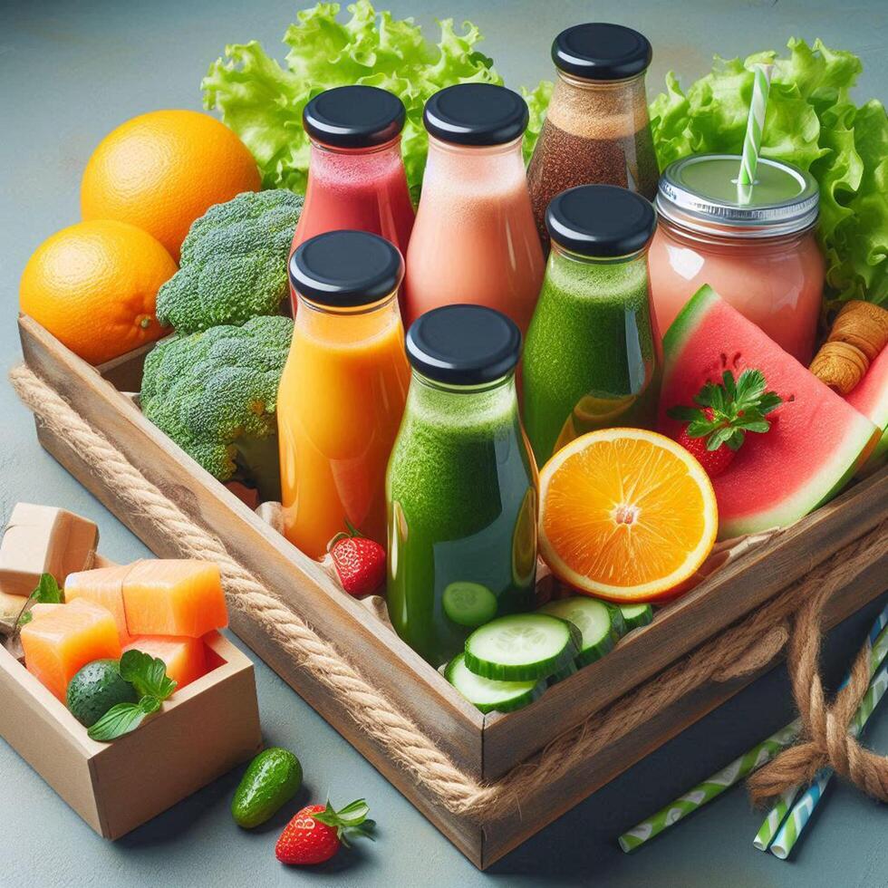 freshly squeezed detox juices and smoothies in colorful bottles. photo