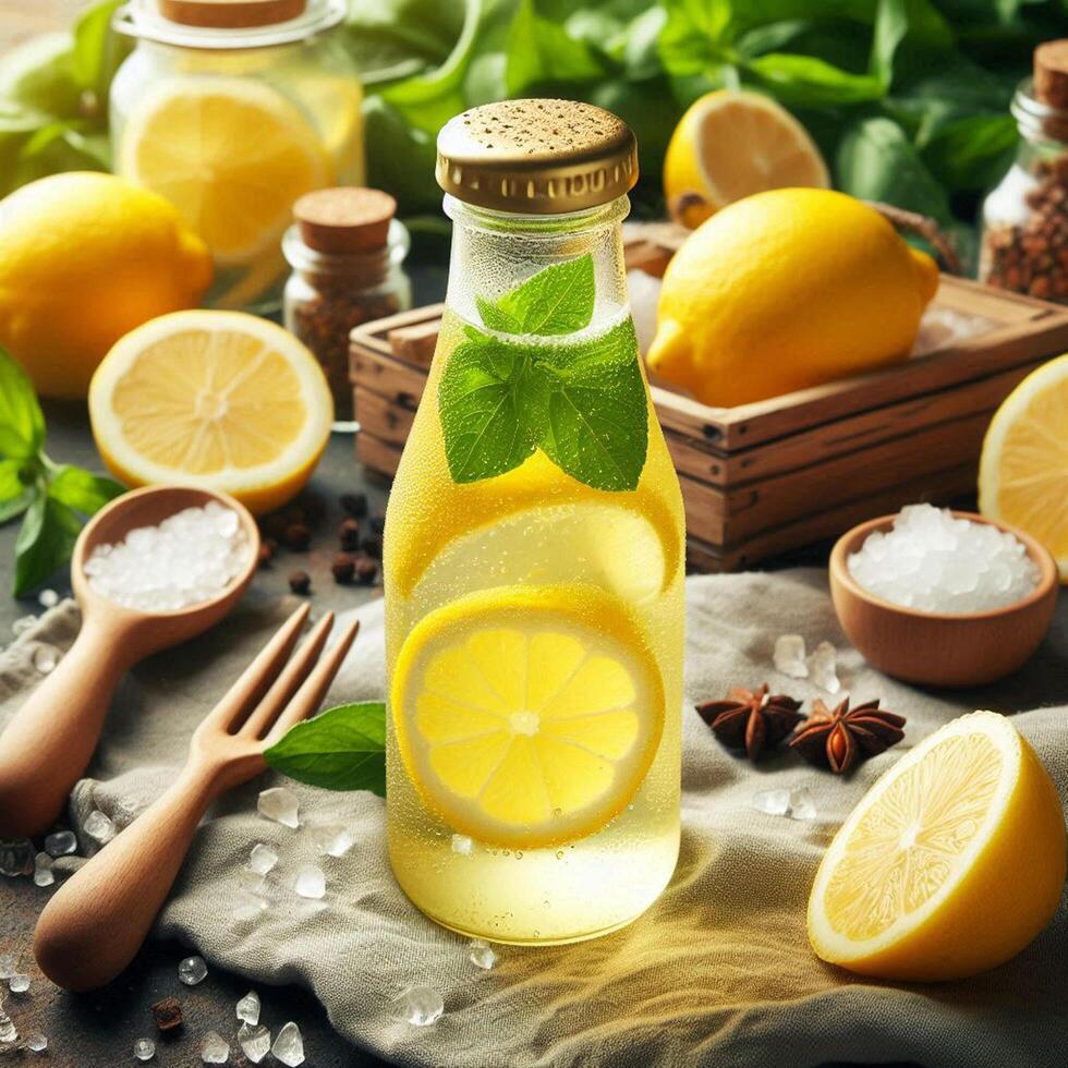 Freshness in a bottle yellow lemon, citrus fruit, refreshing drink photo