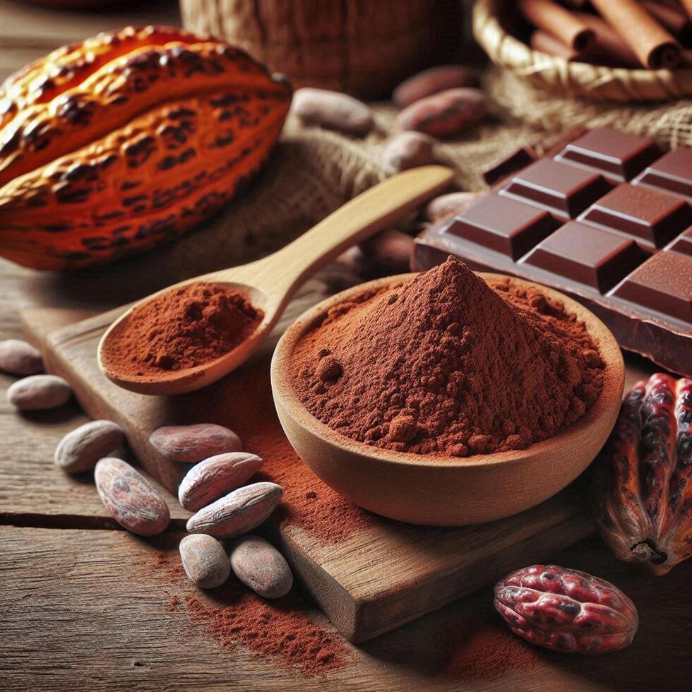 Cocoa powder and cocoa bean on wooden table photo