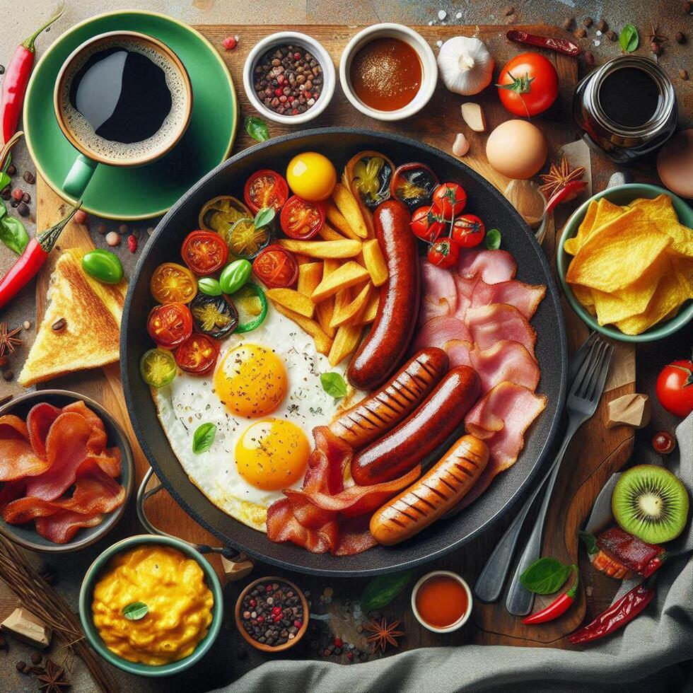 Top view of breakfast with omelet, bacon, many sausage, fried vegetable and tomato or chili sauce with green cup of black coffee. Delicious meal in American style with hot drinking on wooden table. photo