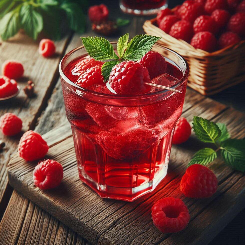Ripe red raspberry drink in a transparent glass wooden background, summer seasonal food and refreshing drinks photo