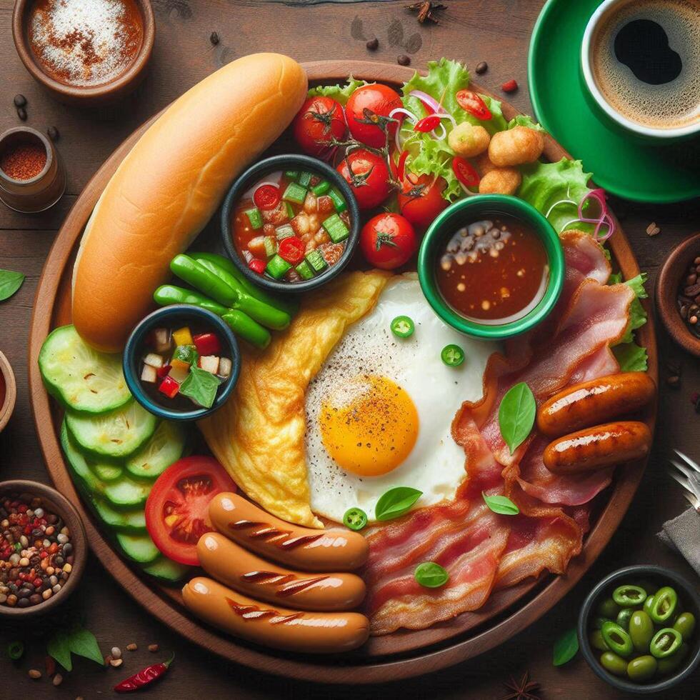 Top view of breakfast with omelet, bacon, many sausage, fried vegetable and tomato or chili sauce with green cup of black coffee. Delicious meal in American style with hot drinking on wooden table. photo