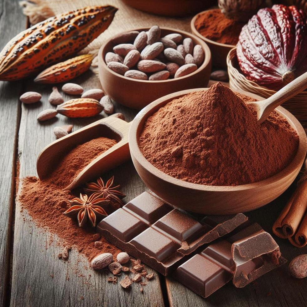 Cocoa powder and cocoa bean on wooden table photo