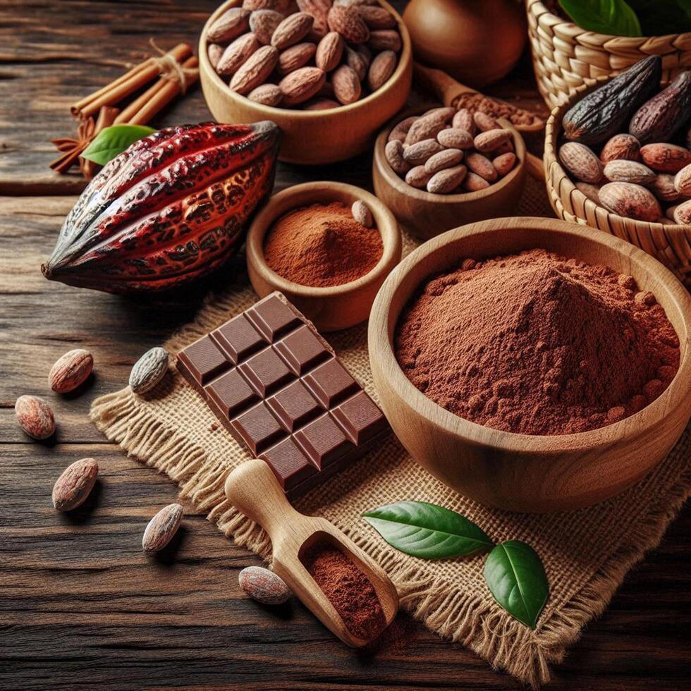 Cocoa powder and cocoa bean on wooden table photo