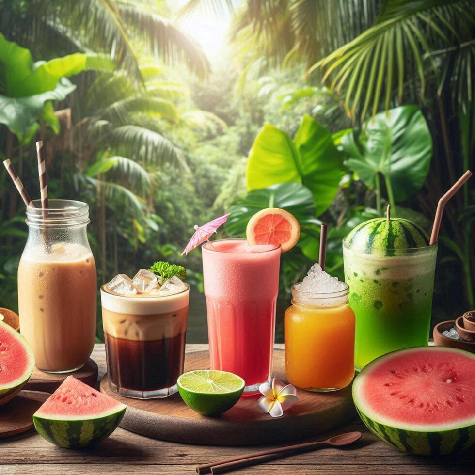 A selection of refreshing drinks including iced coffee, watermelon smoothie, and citrus iced tea on a wooden table, set against a lush tropical backdrop. Perfect for food and beverage themes. photo