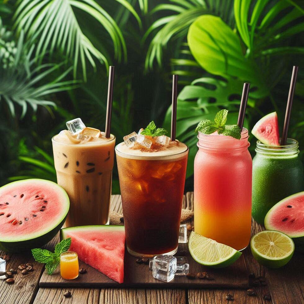 A selection of refreshing drinks including iced coffee, watermelon smoothie, and citrus iced tea on a wooden table, set against a lush tropical backdrop. Perfect for food and beverage themes. photo