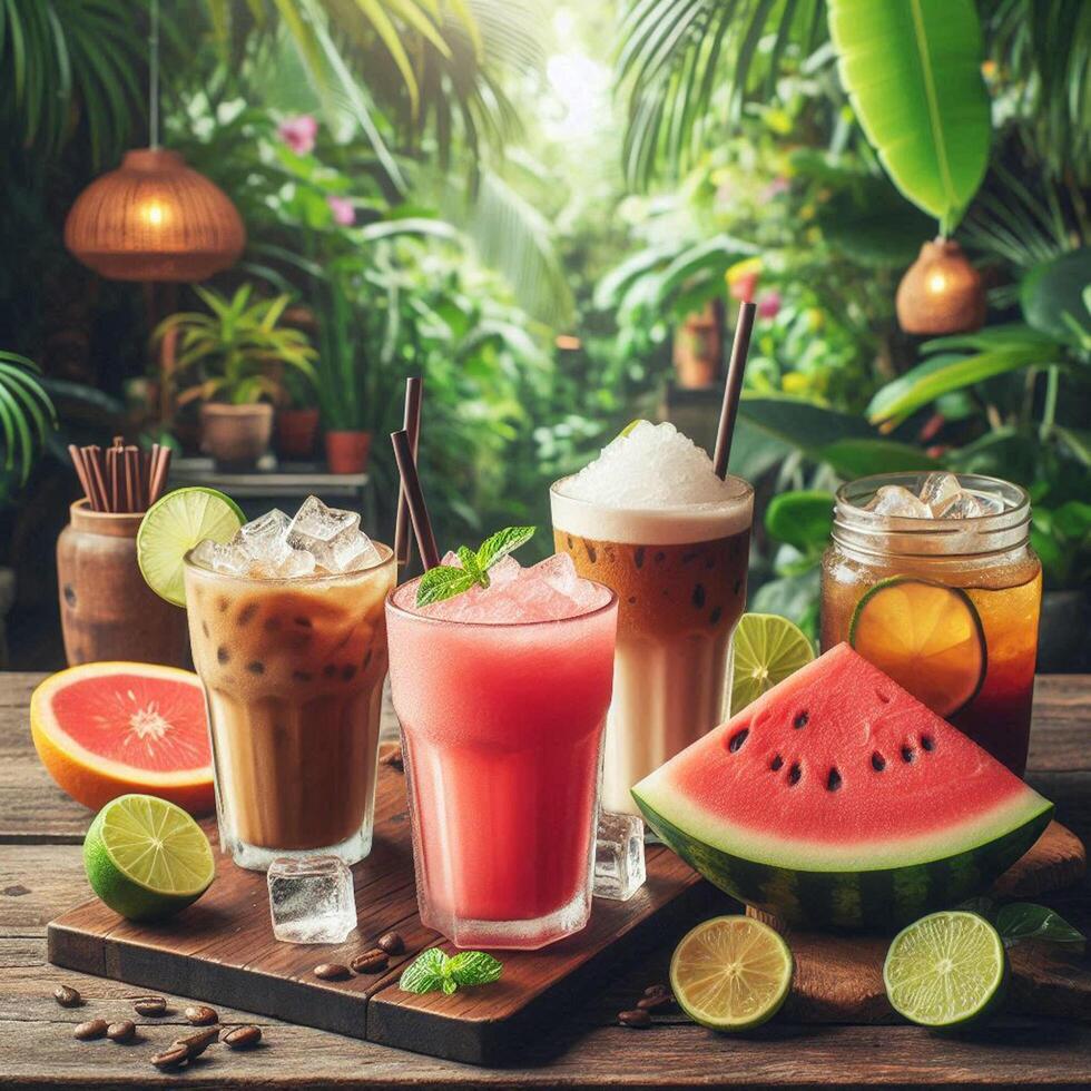 A selection of refreshing drinks including iced coffee, watermelon smoothie, and citrus iced tea on a wooden table, set against a lush tropical backdrop. Perfect for food and beverage themes. photo