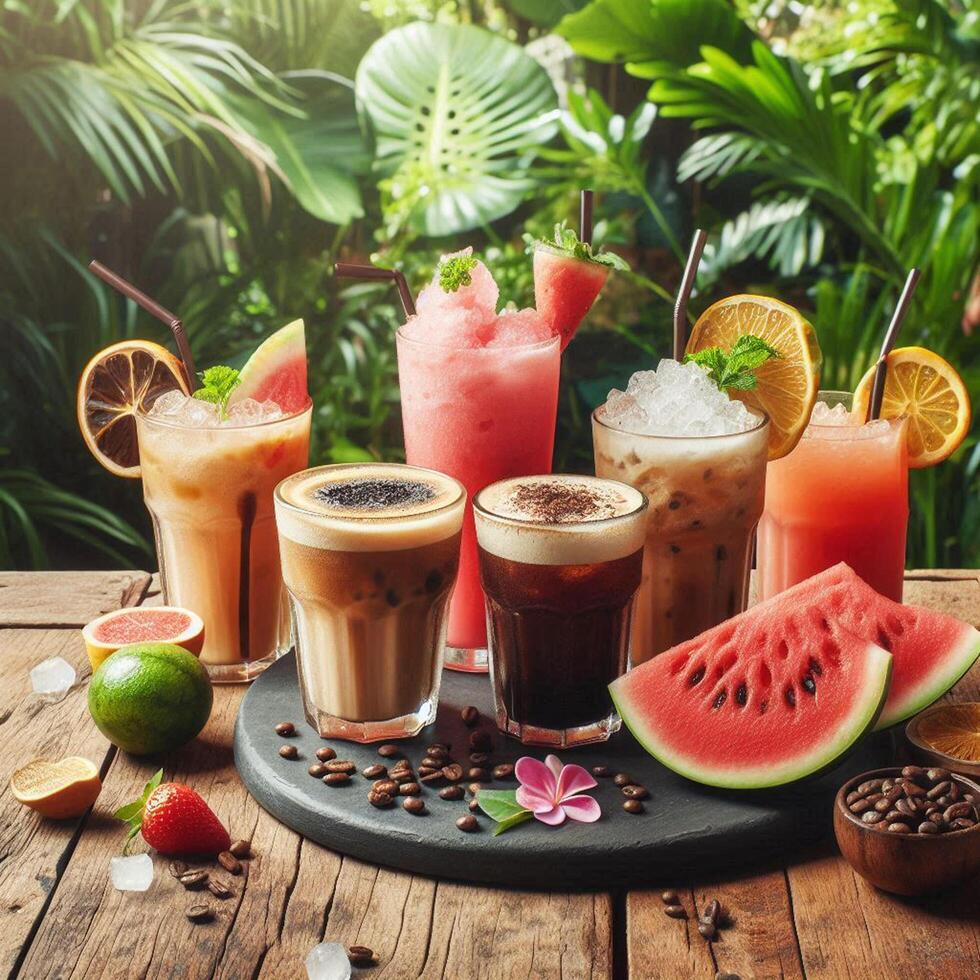 A selection of refreshing drinks including iced coffee, watermelon smoothie, and citrus iced tea on a wooden table, set against a lush tropical backdrop. Perfect for food and beverage themes. photo