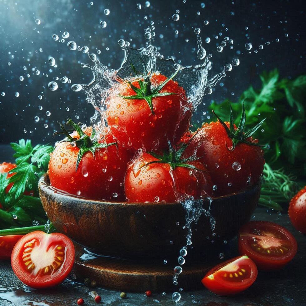 Water splashing on fresh red tomatoes. photo