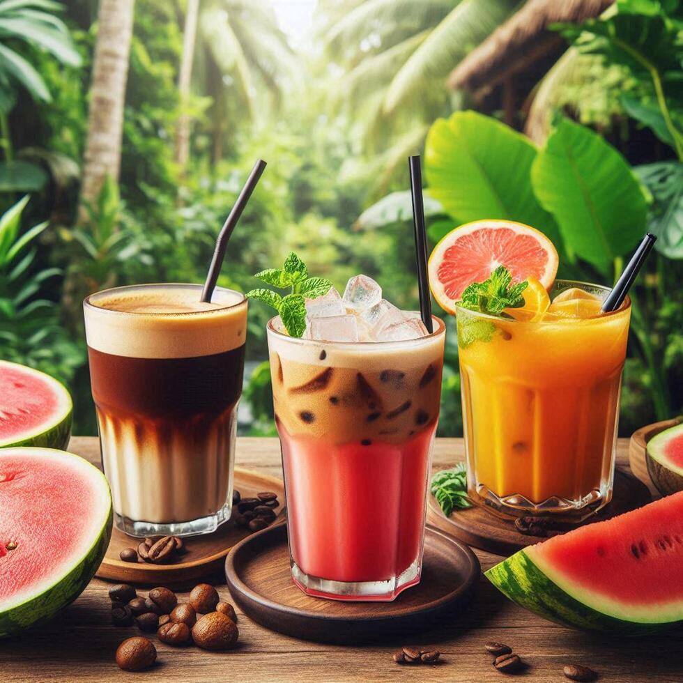 A selection of refreshing drinks including iced coffee, watermelon smoothie, and citrus iced tea on a wooden table, set against a lush tropical backdrop. Perfect for food and beverage themes. photo