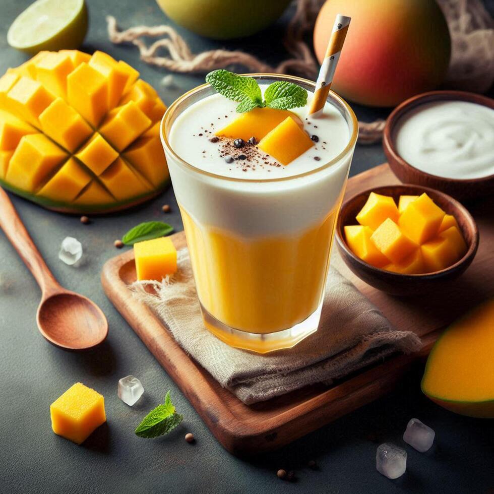 Fresh Mango Lassi Yogurt Drink, Perfect for Summer Refreshment, Ideal for Restaurant Menus, Posters, and Food Blogs photo