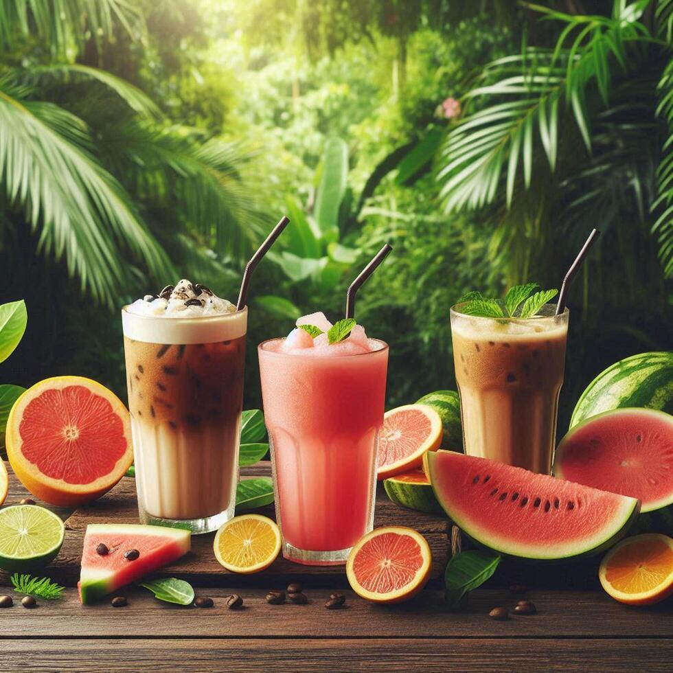 A selection of refreshing drinks including iced coffee, watermelon smoothie, and citrus iced tea on a wooden table, set against a lush tropical backdrop. Perfect for food and beverage themes. photo