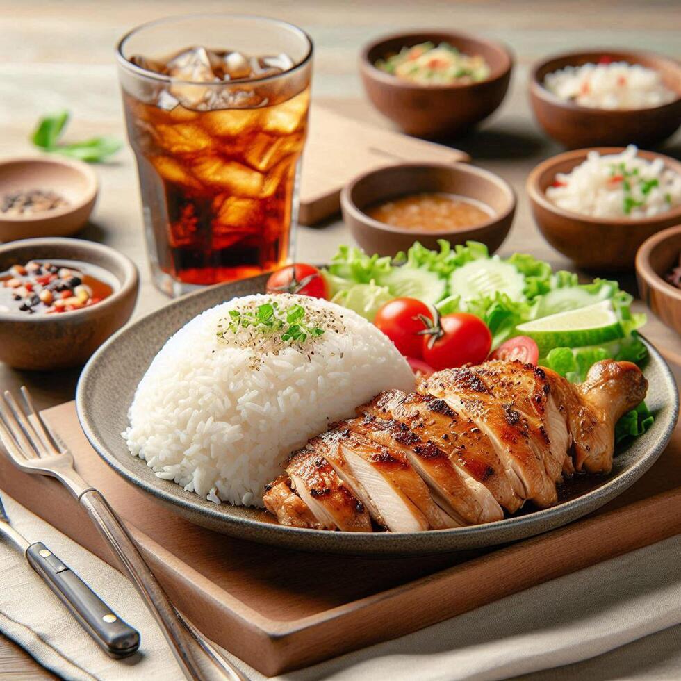 Rice with chicken Roast Meal with salad served in plate with sauce, cold drink, spoon and fork isolated on wooden board side view of thai food photo
