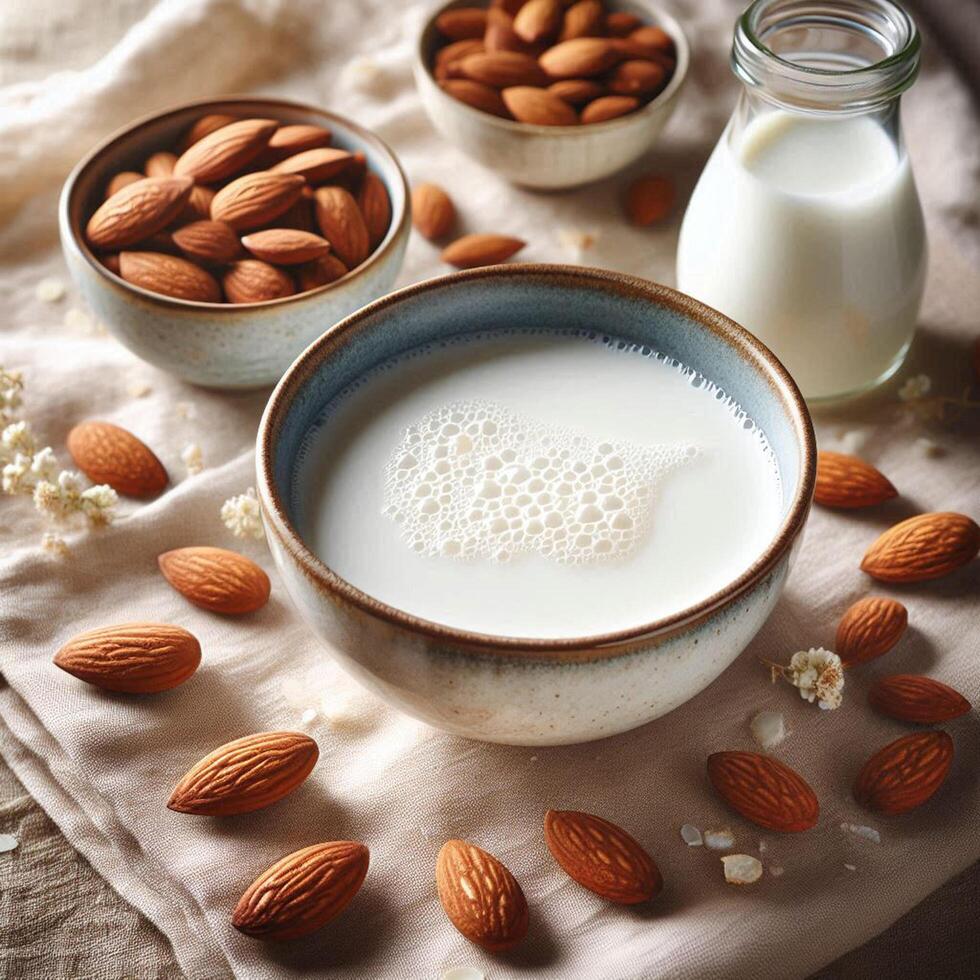 Fresh almond milk and scattered almonds in a bowl with soft linen background. photo