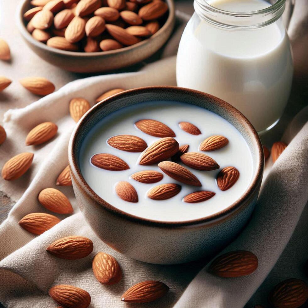 Fresh almond milk and scattered almonds in a bowl with soft linen background. photo