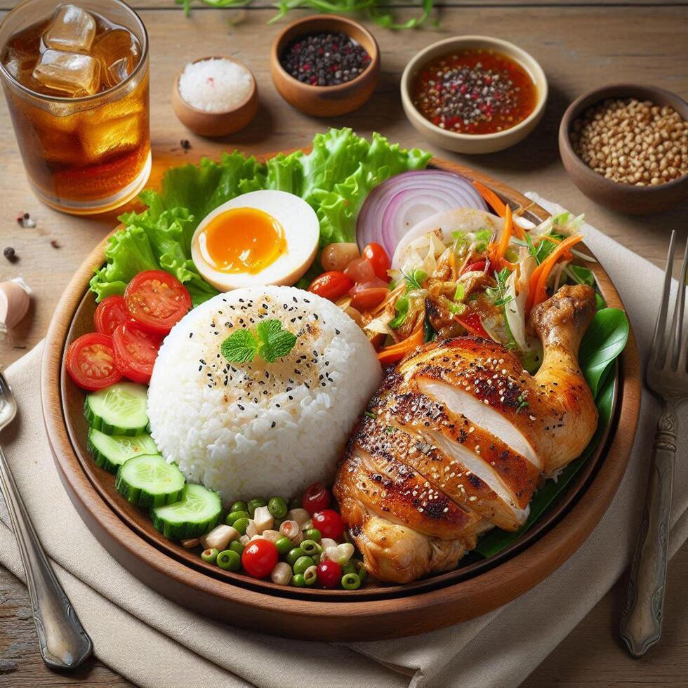 Rice with chicken Roast Meal with salad served in plate with sauce, cold drink, spoon and fork isolated on wooden board side view of thai food photo