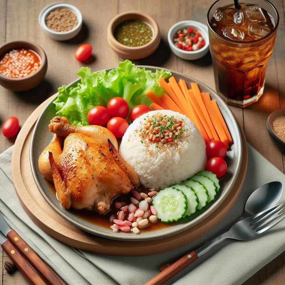 Rice with chicken Roast Meal with salad served in plate with sauce, cold drink, spoon and fork isolated on wooden board side view of thai food photo