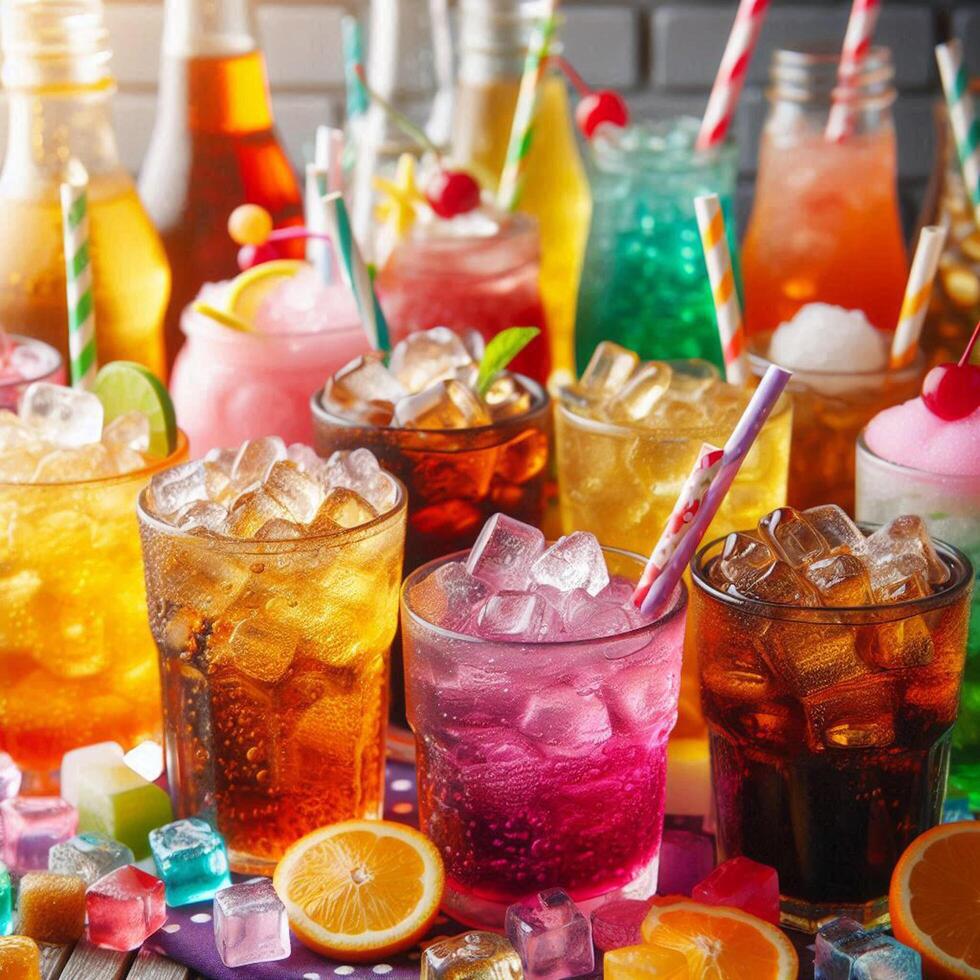 A lot of Soft drinks in colorful and flavorful glasses on the table,Glasses with sweet drinks with ice cubesv. photo