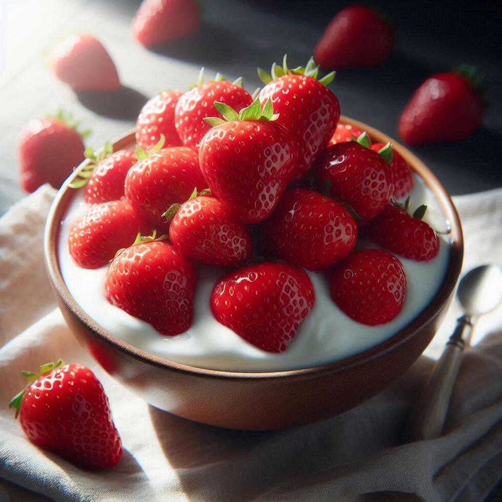 yogurt with fresh strawberries photo