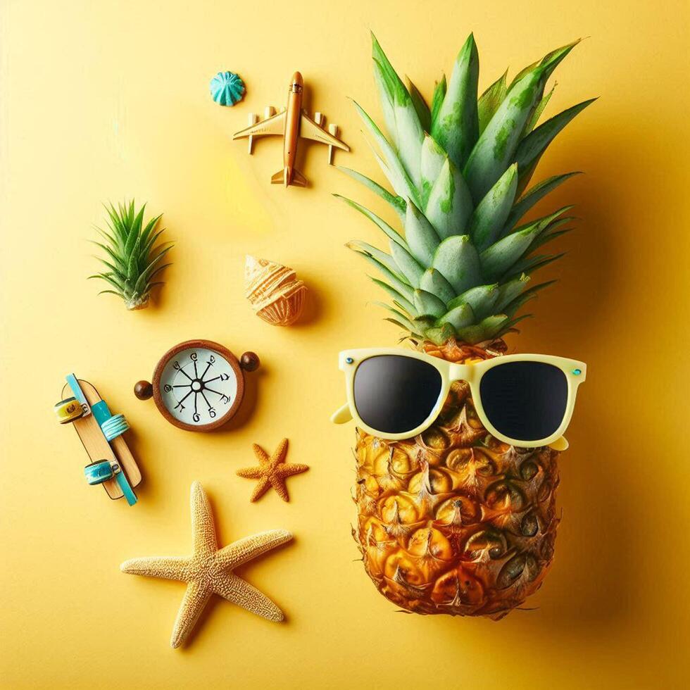 Pineapple with sunglasses on yellow background, Summer vacation concept. photo