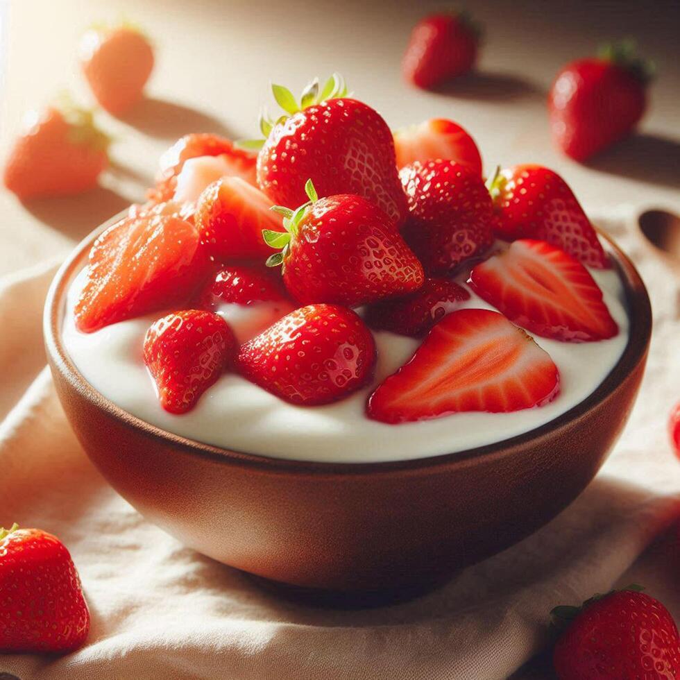 yogurt with fresh strawberries photo