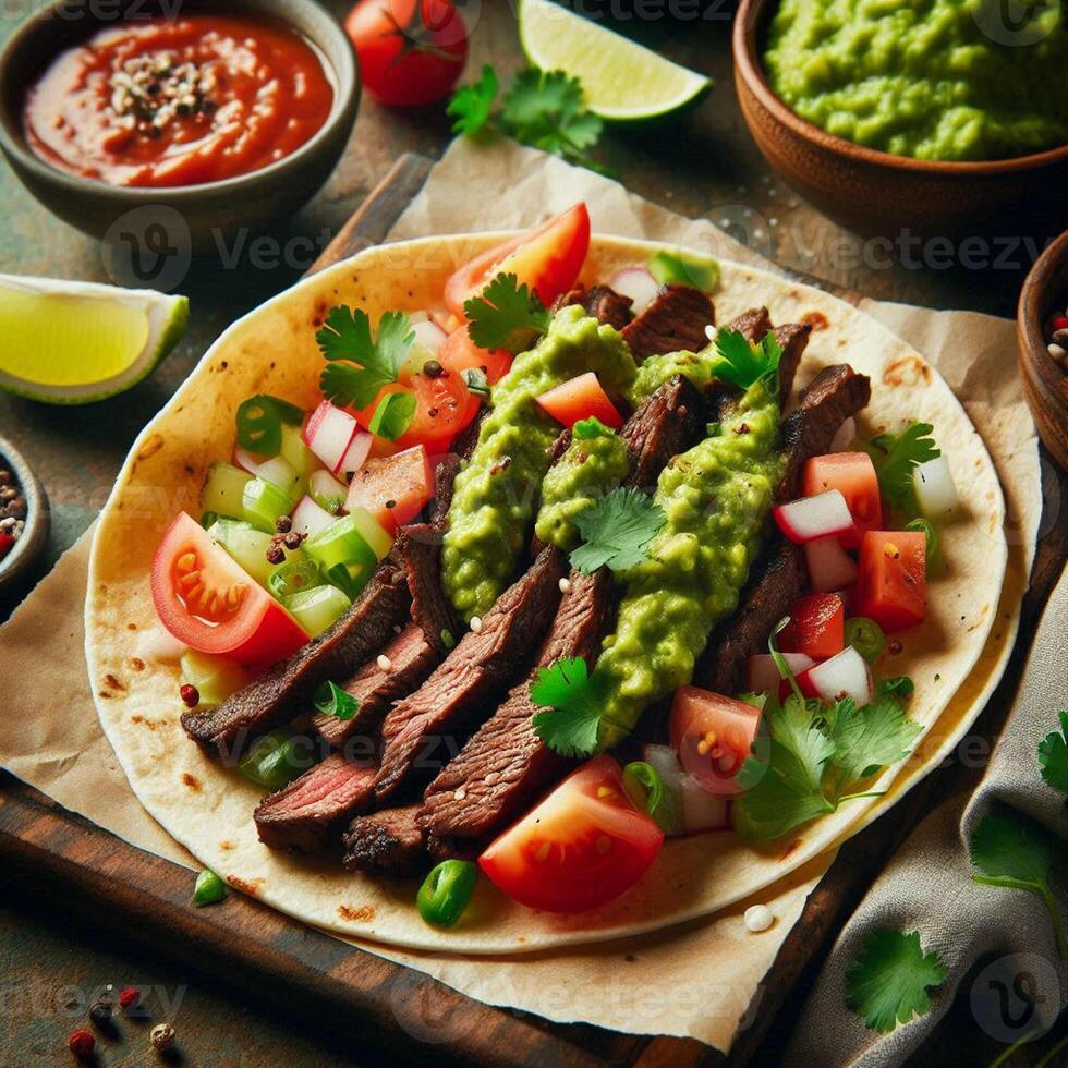 Grilled beef taco with guacamole, tomato, and cilantro freshness photo