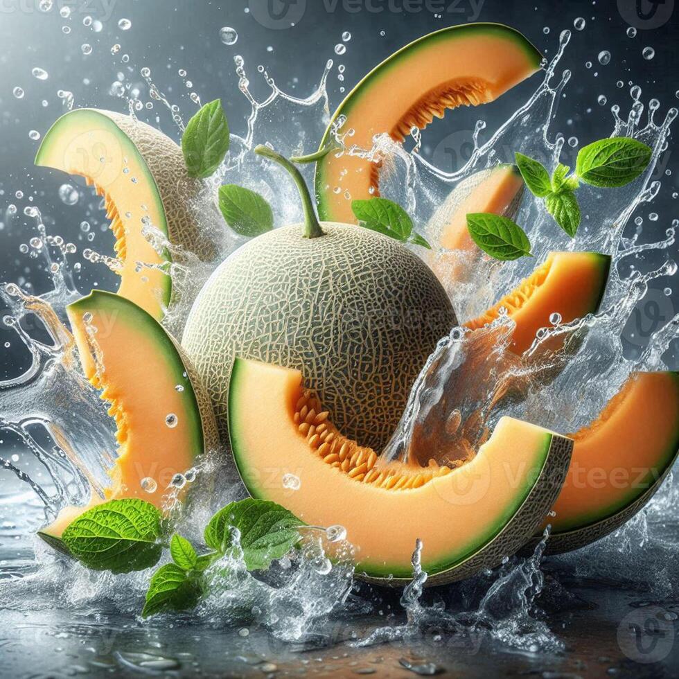 Fresh cantaloupe slices splash into water, creating a dynamic and refreshing scene perfect for summer food and drink concepts. photo