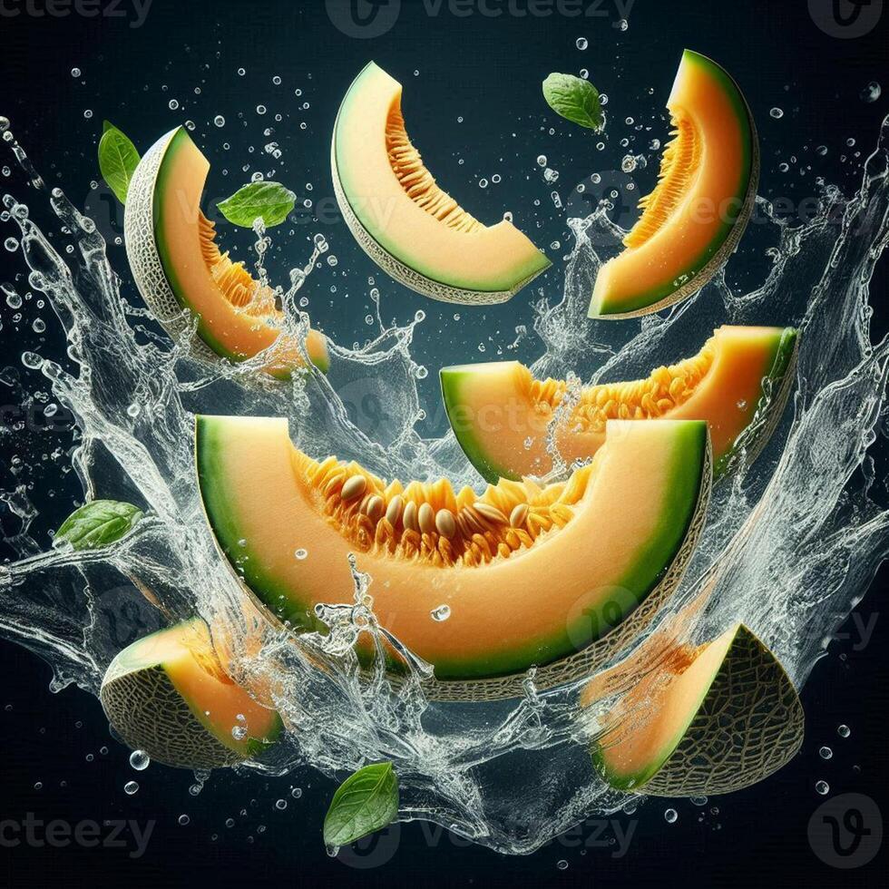 Fresh cantaloupe slices splash into water, creating a dynamic and refreshing scene perfect for summer food and drink concepts. photo