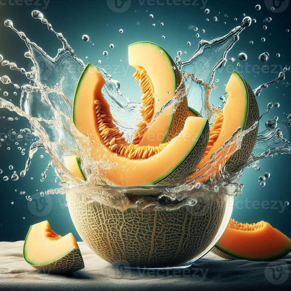 Fresh cantaloupe slices splash into water, creating a dynamic and refreshing scene perfect for summer food and drink concepts. photo