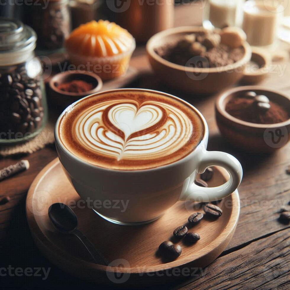 Hot latte white coffee in glass with heart shape latte art on brown old wood table at cafe,food and drink concept. photo