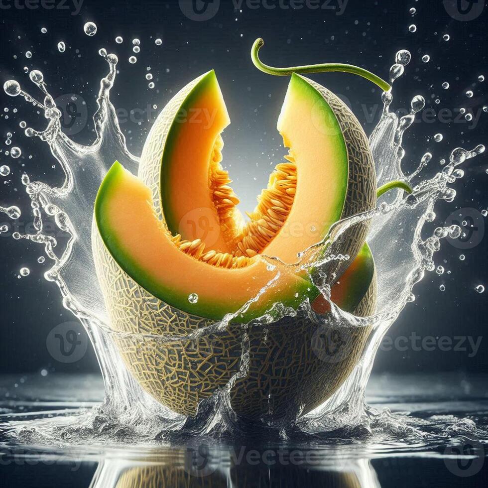 Fresh cantaloupe slices splash into water, creating a dynamic and refreshing scene perfect for summer food and drink concepts. photo