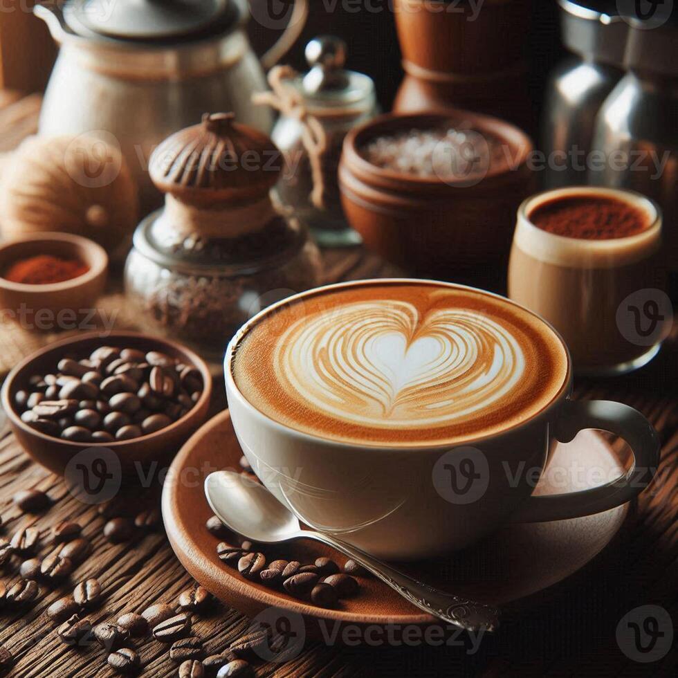 Hot latte white coffee in glass with heart shape latte art on brown old wood table at cafe,food and drink concept. photo