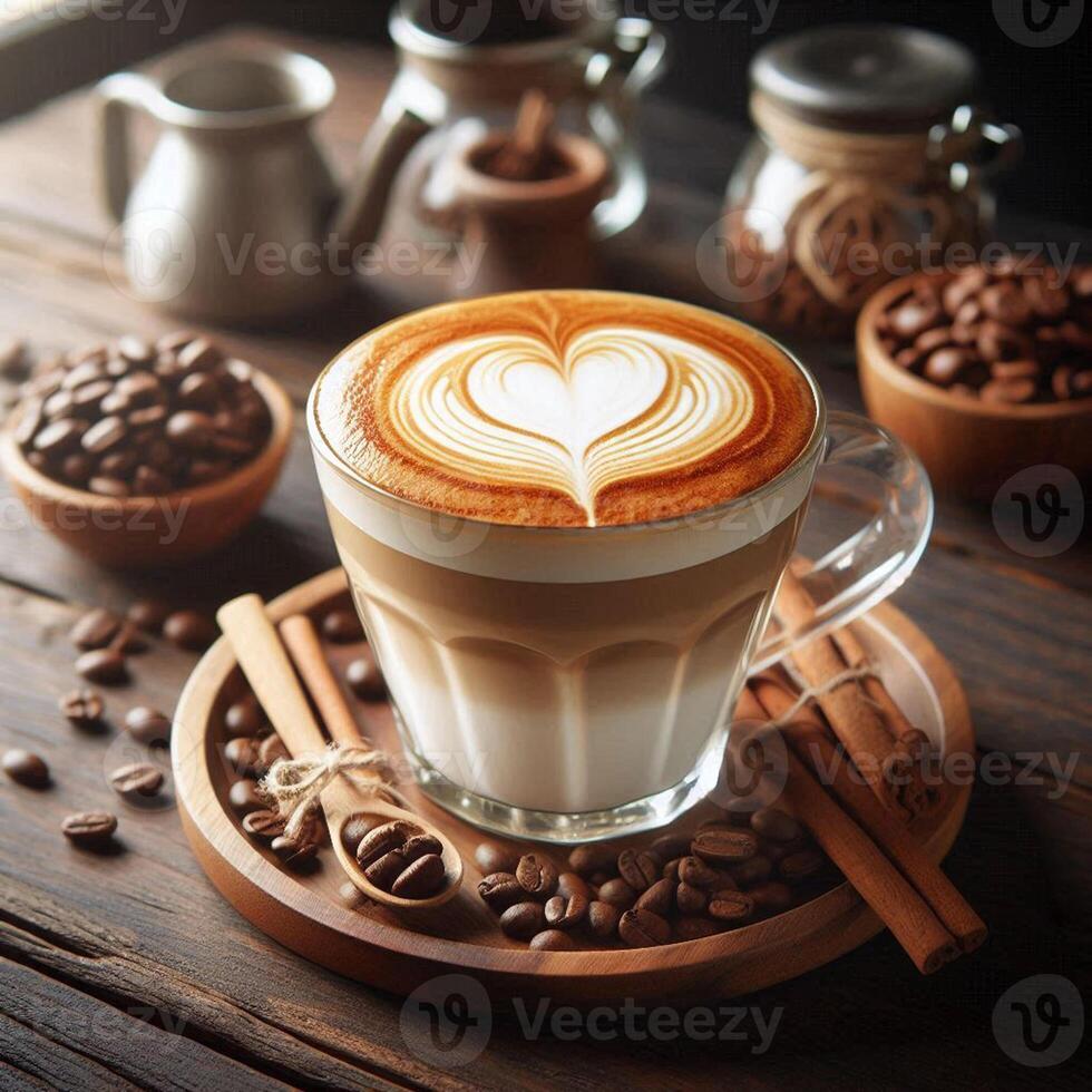 Hot latte white coffee in glass with heart shape latte art on brown old wood table at cafe,food and drink concept. photo