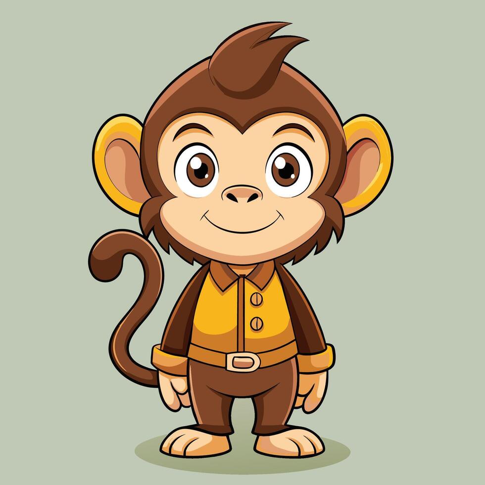 Cheerful cartoon monkey character in a yellow shirt and brown pants with a happy expression on a light green background vector