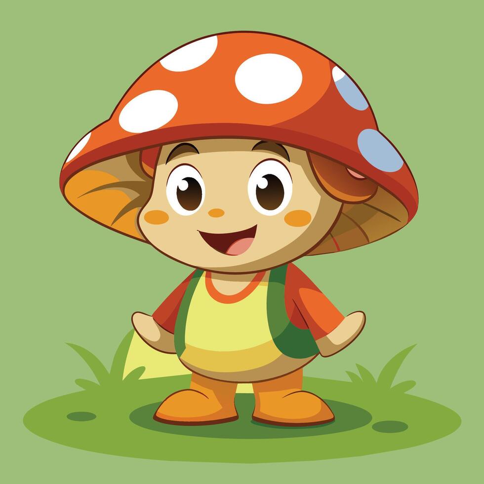 A cheerful cartoon character wearing a mushroom hat stands on green grass, showcasing a playful outdoor theme for kids vector