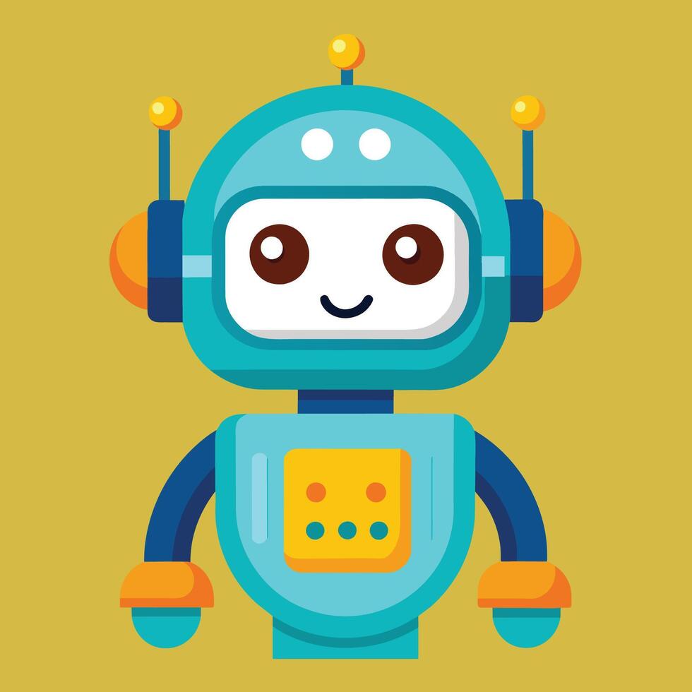 A cheerful, cartoon robot with big eyes and colorful features on a simple vector
