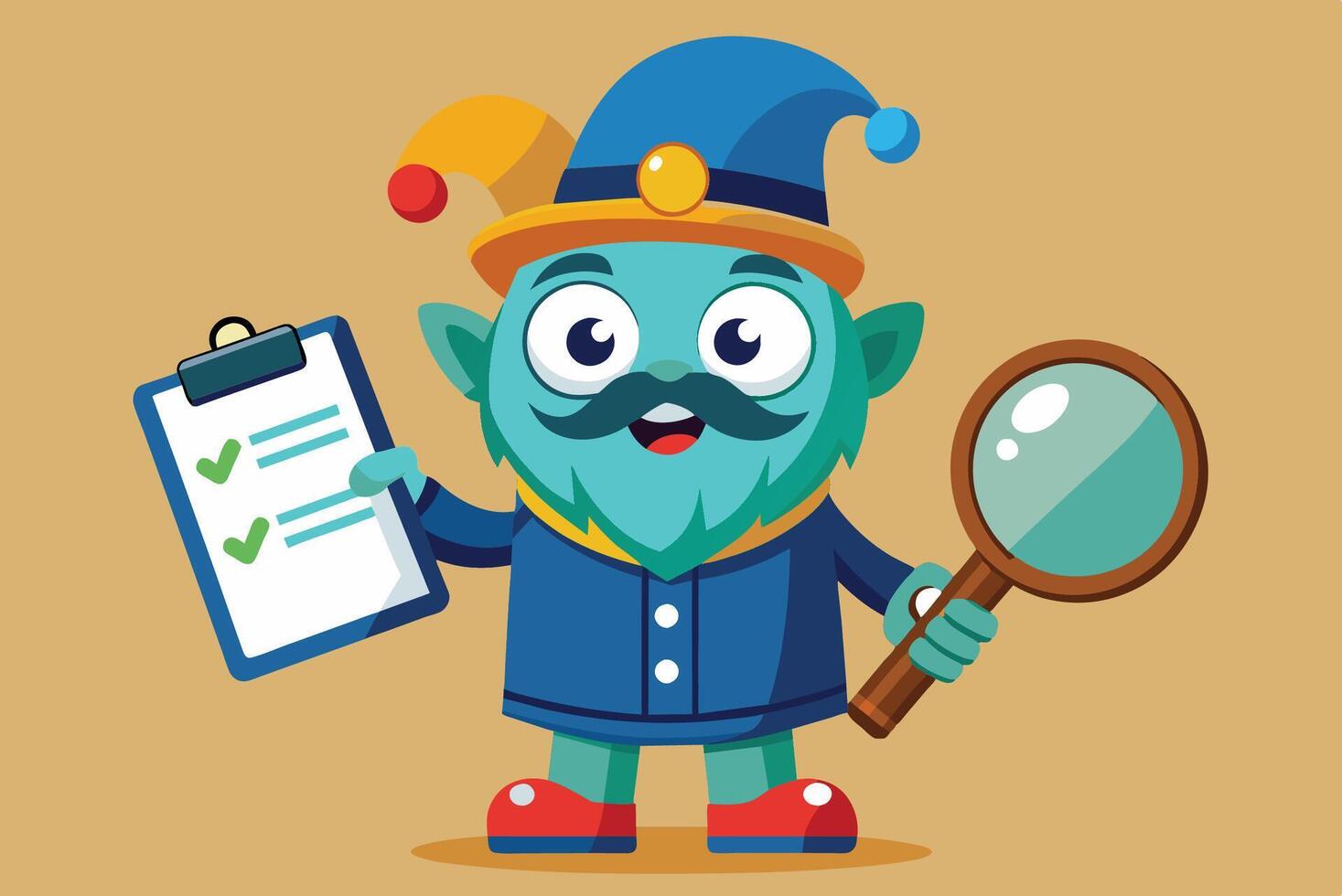 A cheerful cartoon goblin holding a clipboard and magnifying glass while wearing a blue hat and coat with colorful accents vector