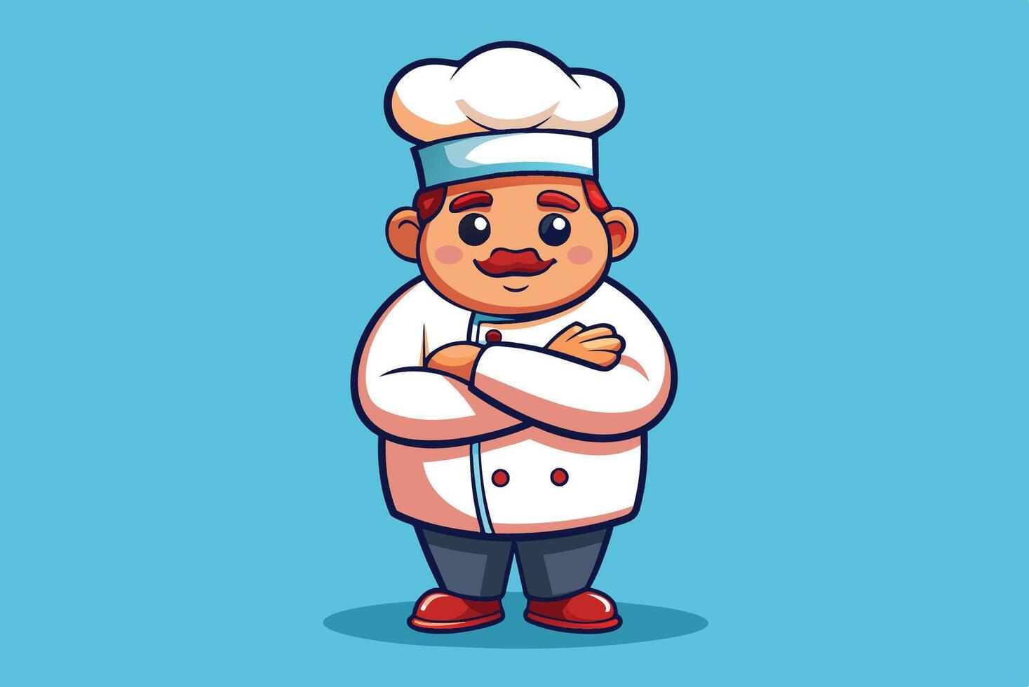 A cheerful cartoon chef stands confidently with crossed arms, ready to create delicious meals in a bright, colorful kitchen environment vector