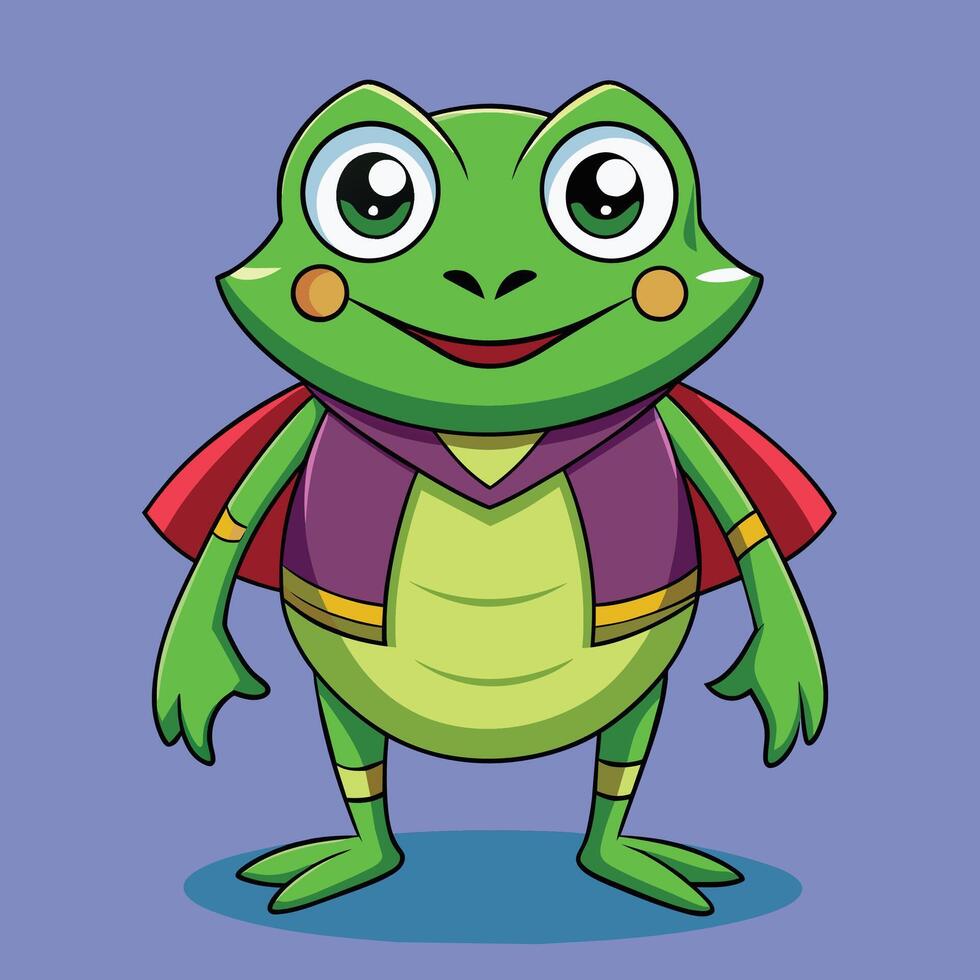 A cheerful cartoon frog dressed as a superhero with a cape and bright eyes standing against a solid background vector