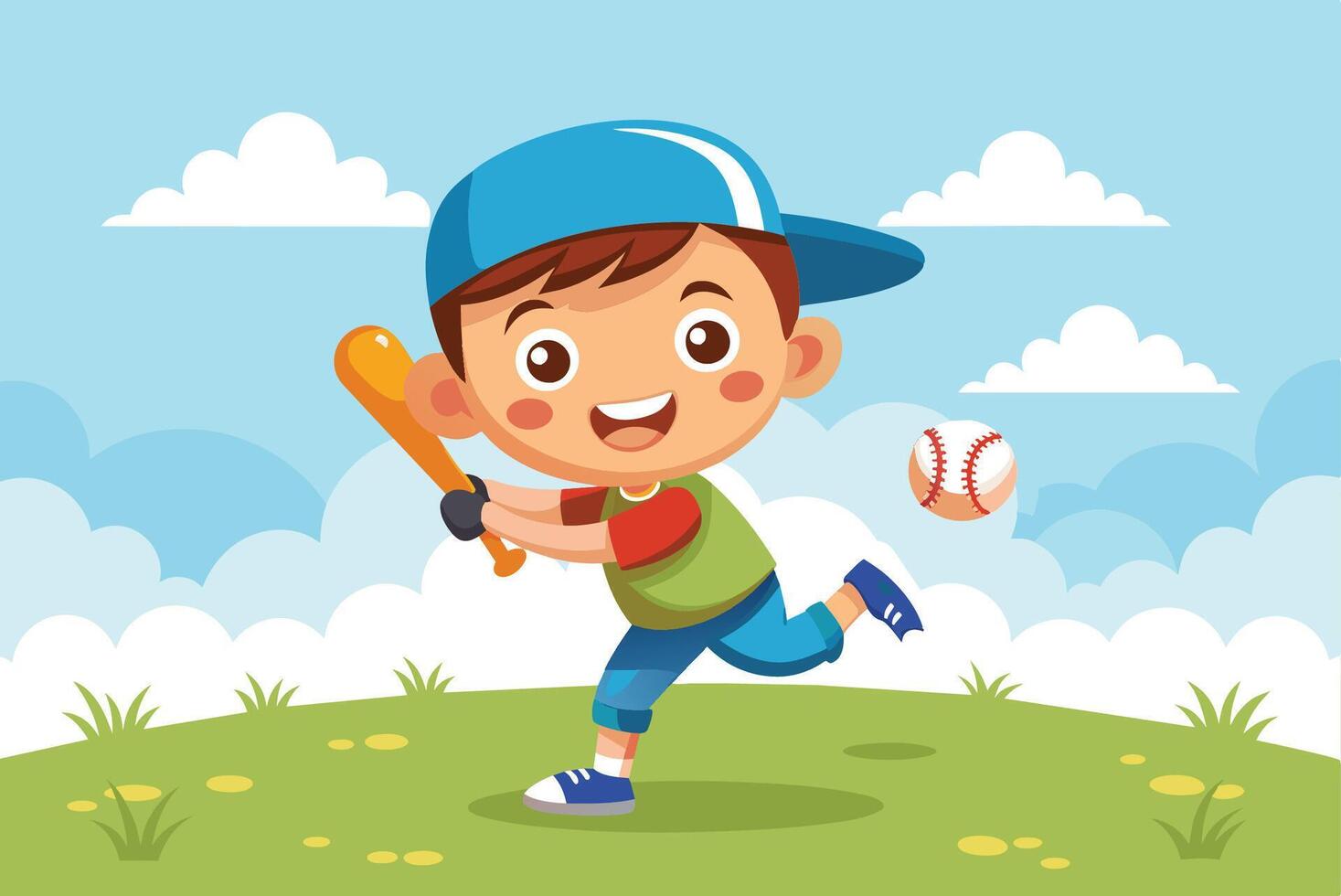 Young boy joyfully playing baseball in a sunny park setting with blue skies and fluffy clouds during afternoon playtime vector