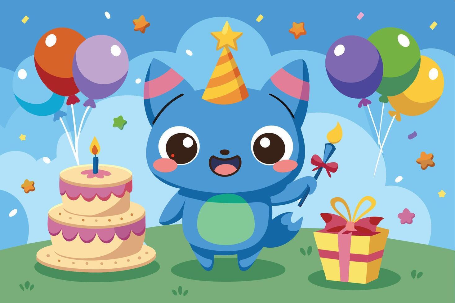 A cartoon blue cat with a birthday cake and balloons vector